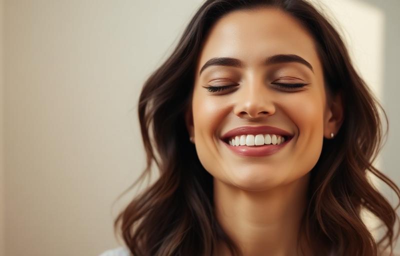 Serene woman with eyes closed smiling peacefully, experiencing natural anxiety relief and mental calm after micro-current neurofeedback therapy session at Revive Neurofeedback wellness center
