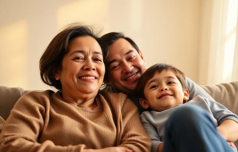 Happy family with children relaxing together on living room couch, experiencing peace, connection, and emotional harmony after family neurofeedback therapy for childhood anxiety