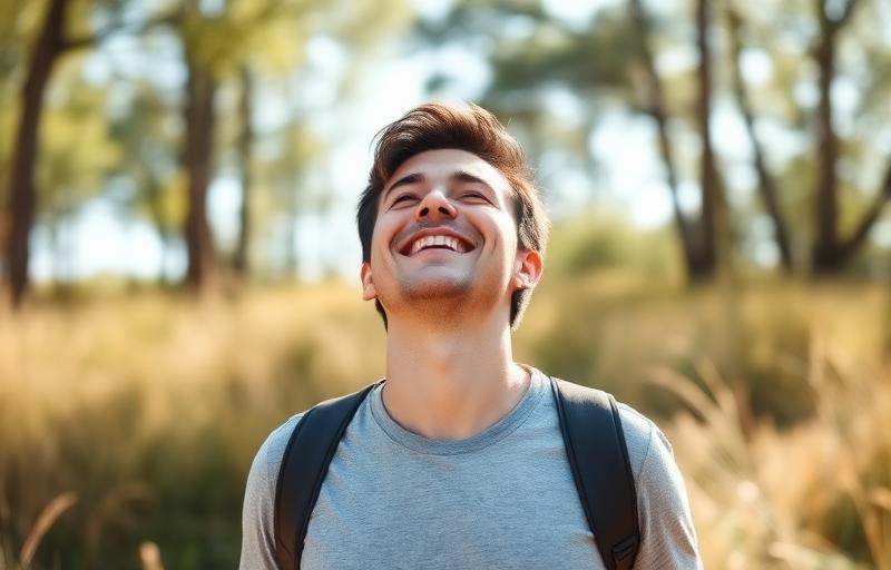 Joyful person taking a deep cleansing breath in a natural outdoor setting surrounded by greenery, experiencing stress-free wellness and natural anxiety relief without medication
