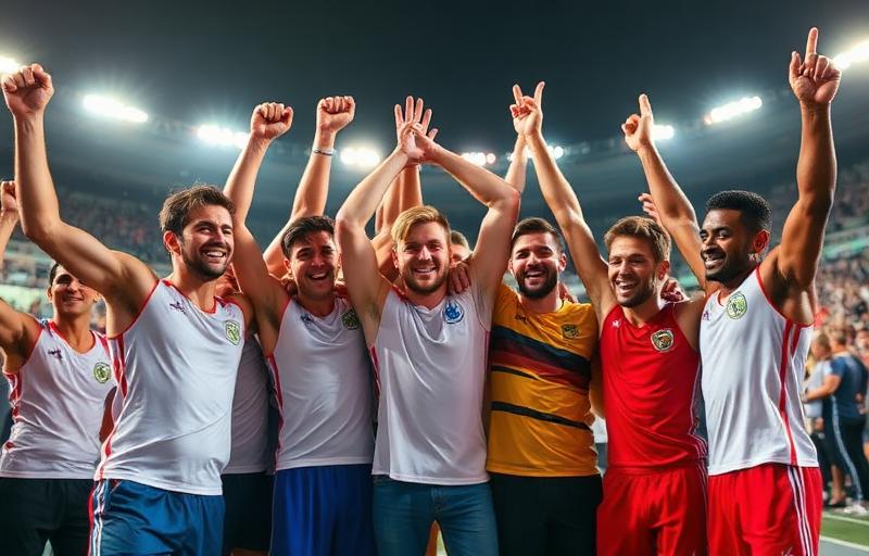 Team of athletes celebrating championship victory together with collective joy, demonstrating team performance excellence and shared mental edge through group neurofeedback training