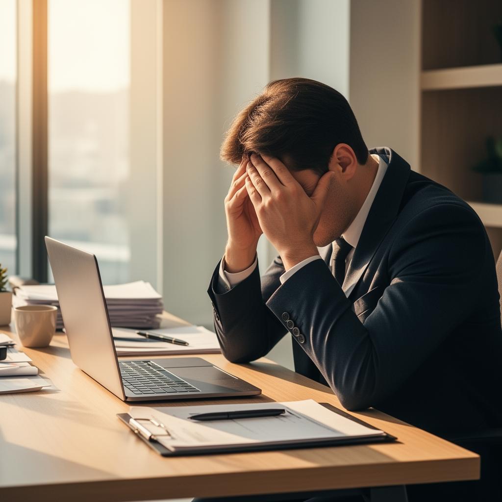 Exhausted professional experiencing workplace burnout symptoms at office desk, showing stress and chronic fatigue that can be addressed through corporate wellness neurofeedback programs