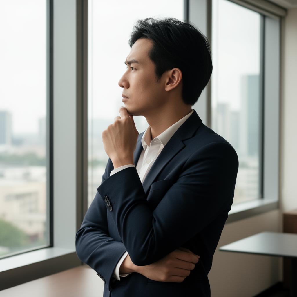 Senior business executive contemplating thoughtfully by office window, demonstrating mental clarity, strategic focus, and cognitive performance maintained through executive neurofeedback wellness