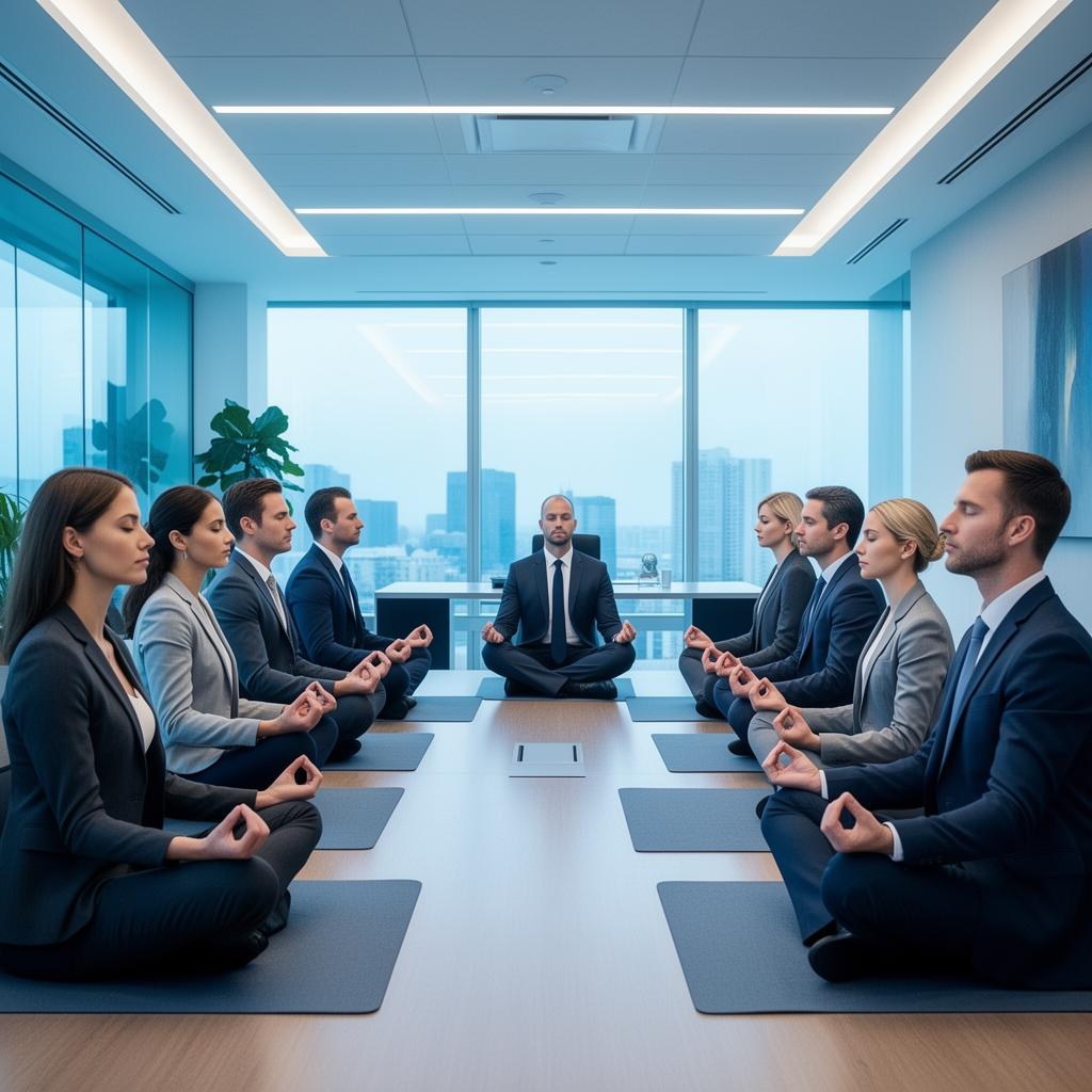 Business professionals practicing mindfulness meditation together in modern office conference room, demonstrating corporate wellness initiatives for workplace stress reduction and employee wellbeing