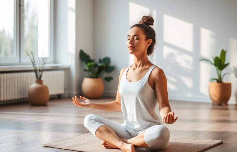 Person meditating peacefully in bright modern wellness room with indoor plants, experiencing deep calm and mental clarity through combined meditation and neurofeedback practice