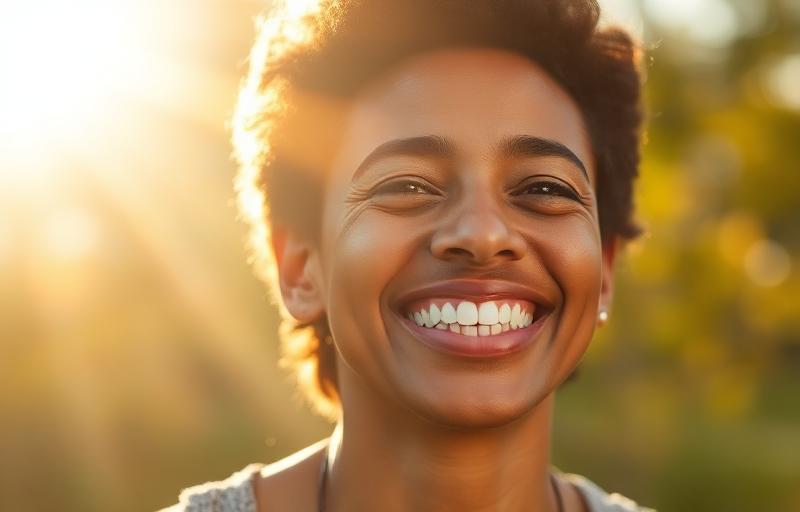 Person smiling with renewed hope while bathed in warm morning sunlight, expressing joy and emotional wellness after natural depression support through neurofeedback brain therapy