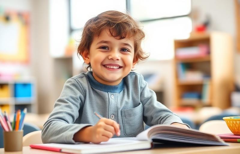 Happy child learning successfully and fully focused on completing schoolwork, demonstrating improved attention and academic success after pediatric ADHD neurofeedback treatment