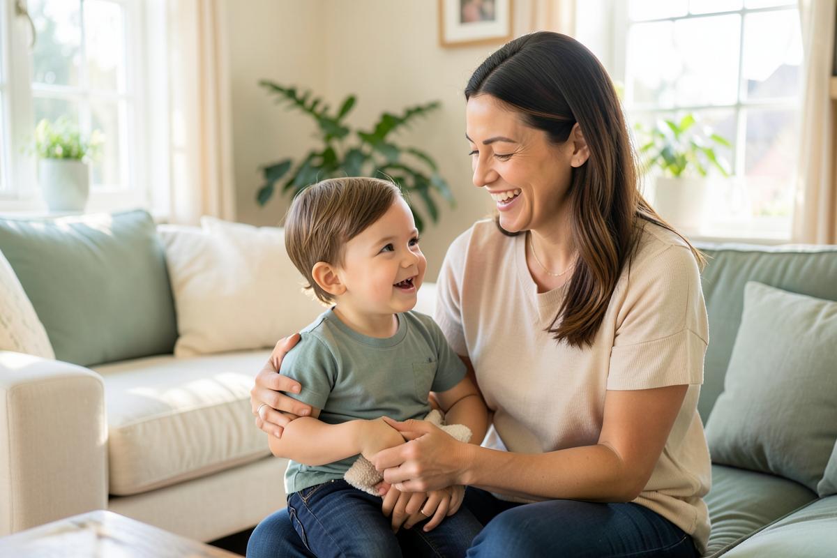 Smiling mother sitting with her young child in a bright living room, both relaxed and happy.