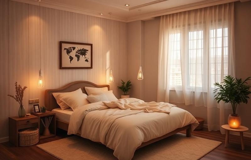 Cozy bedroom sanctuary with calming neutral color palette, soft warm lighting, and peaceful sleep environment designed to optimize rest and support healthy sleep patterns