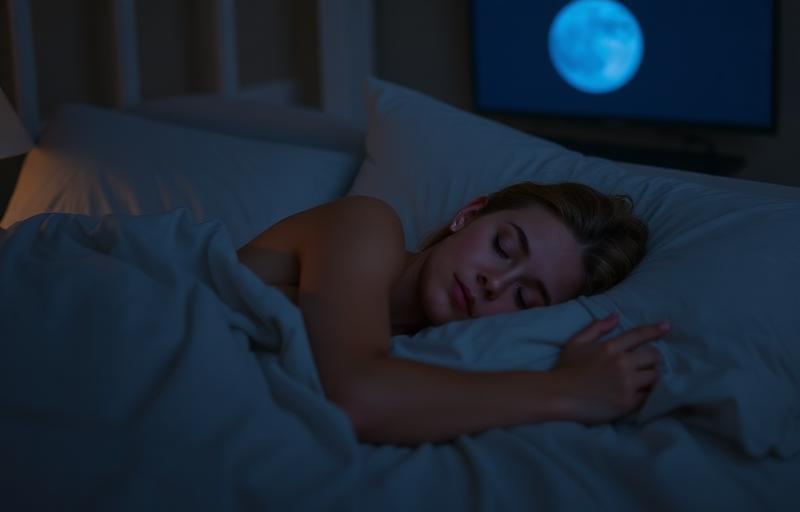 Person sleeping peacefully in comfortable bed illuminated by soft moonlight, experiencing deep restful sleep and insomnia relief through micro-current neurofeedback therapy