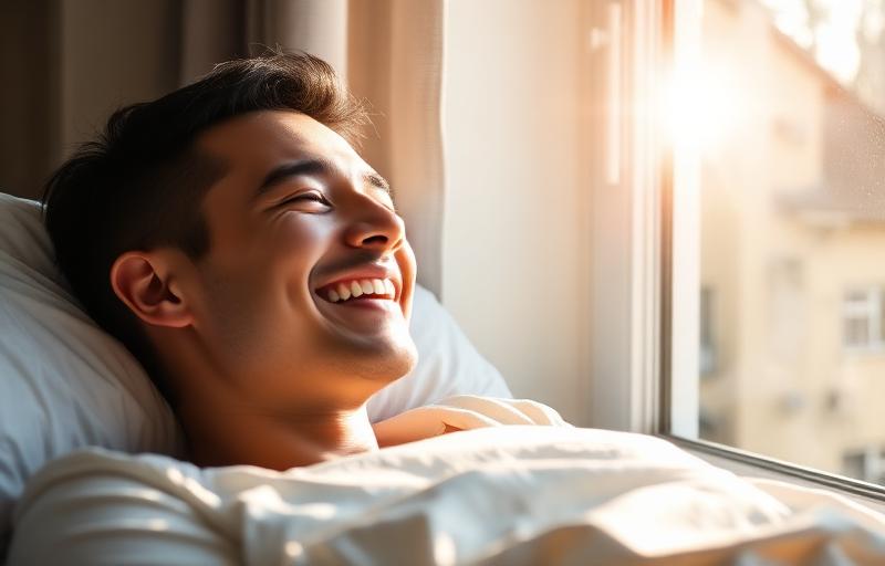 Refreshed person waking up with a genuine smile as morning sunshine streams through bedroom window, experiencing improved sleep quality and morning energy after neurofeedback treatment