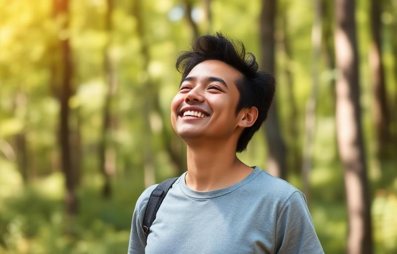 Serene person finding mental peace and stress recovery in beautiful natural forest setting, reconnecting with nature as part of holistic chronic stress treatment and brain health restoration