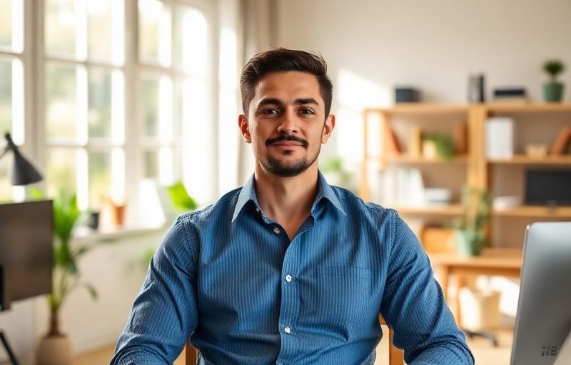 Calm business professional working confidently in peaceful modern office environment, demonstrating stress-free productivity and resilience after workplace stress management training