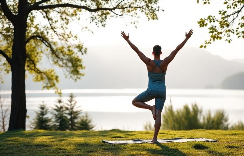 Peaceful person practicing restorative yoga pose in serene outdoor setting surrounded by nature, demonstrating holistic stress relief through combined yoga and neurofeedback wellness