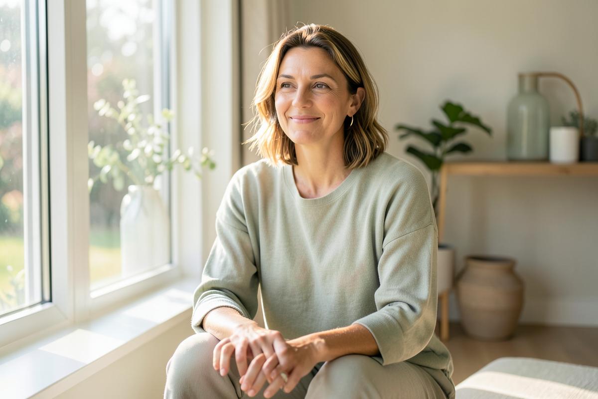 Woman sitting calmly by a sunlit window in a warm wellness space, looking relaxed and refreshed.